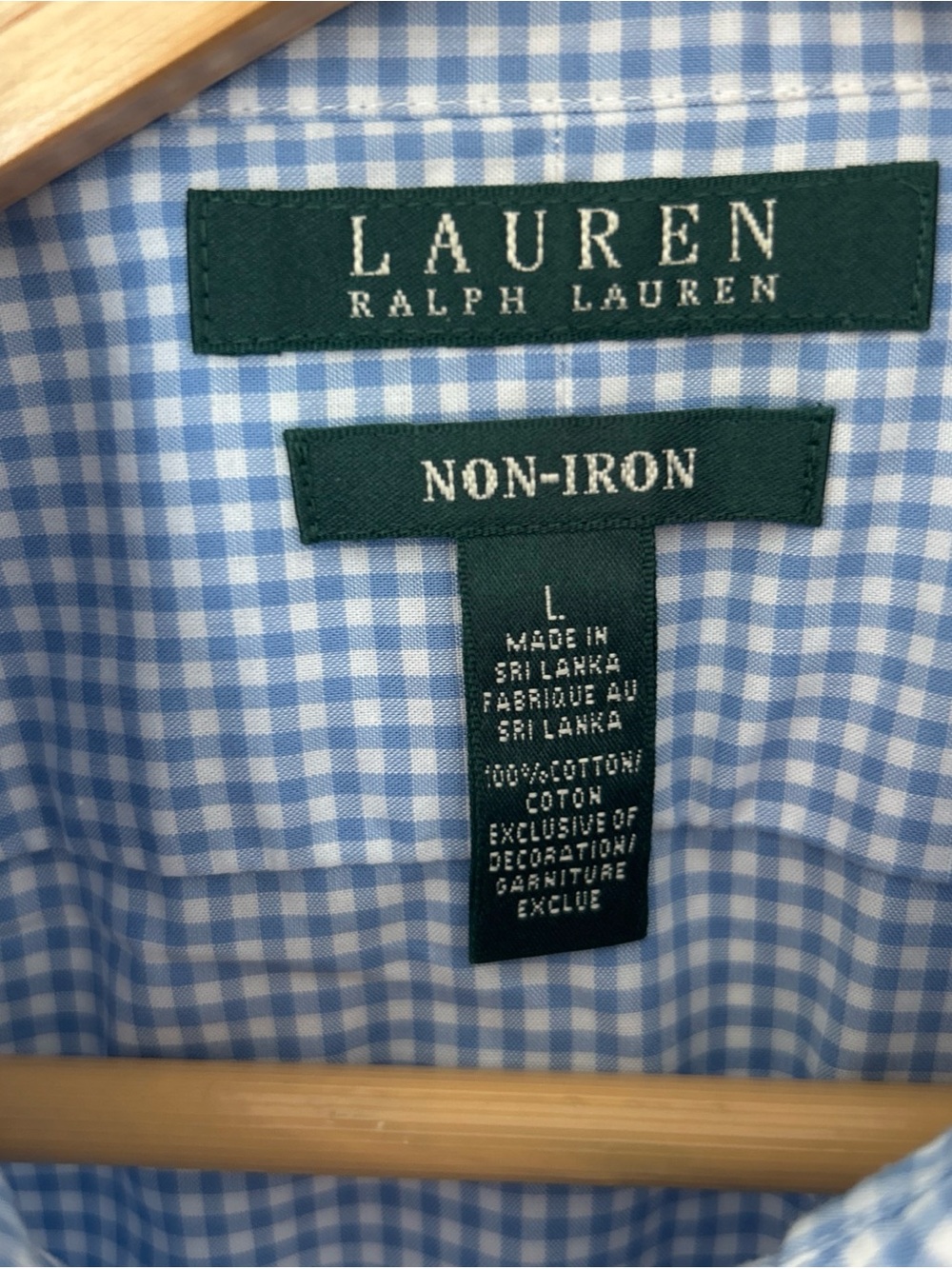 Lauren Ralph Lauren Blue Gingham Non-Iron Button Down Shirt 3/4 Sleeve Sz L - Picture 4 of 7